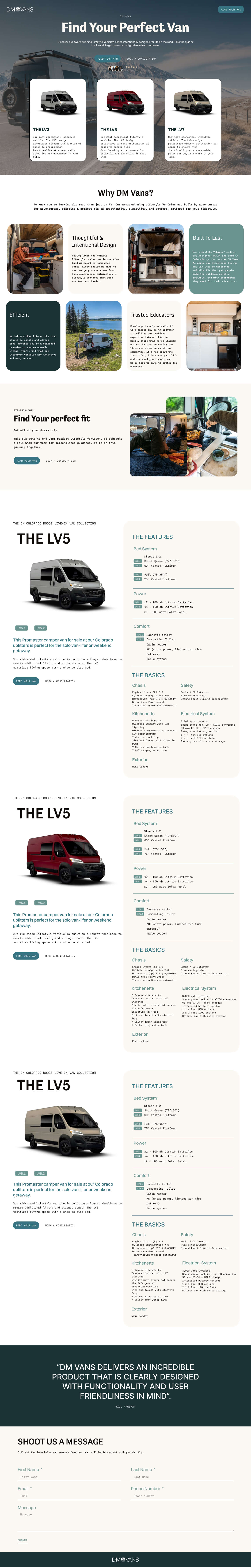 DM Vans quiz landing page — full-length, end-to-end flow from quiz entry to consultation booking.