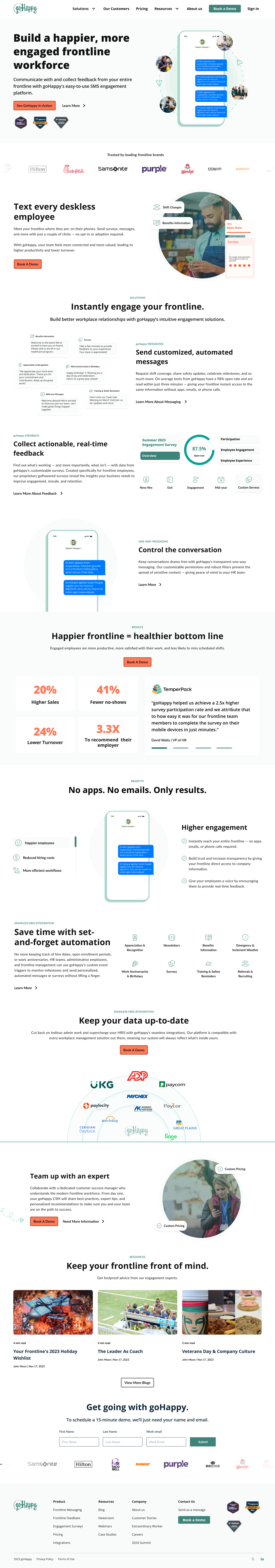 goHappy homepage after redesign — three-lane conversion model, refreshed brand, frontline-led imagery.