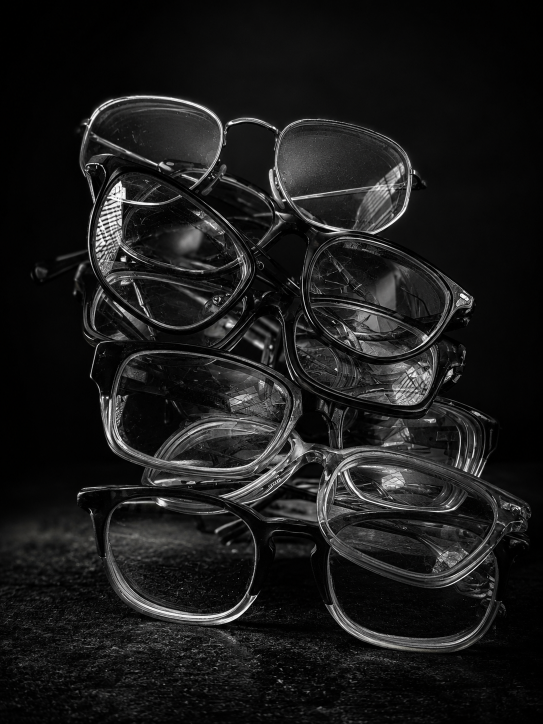 Stack of Arturo's eyeglasses collected over the years — a small archive of frames he's worn.