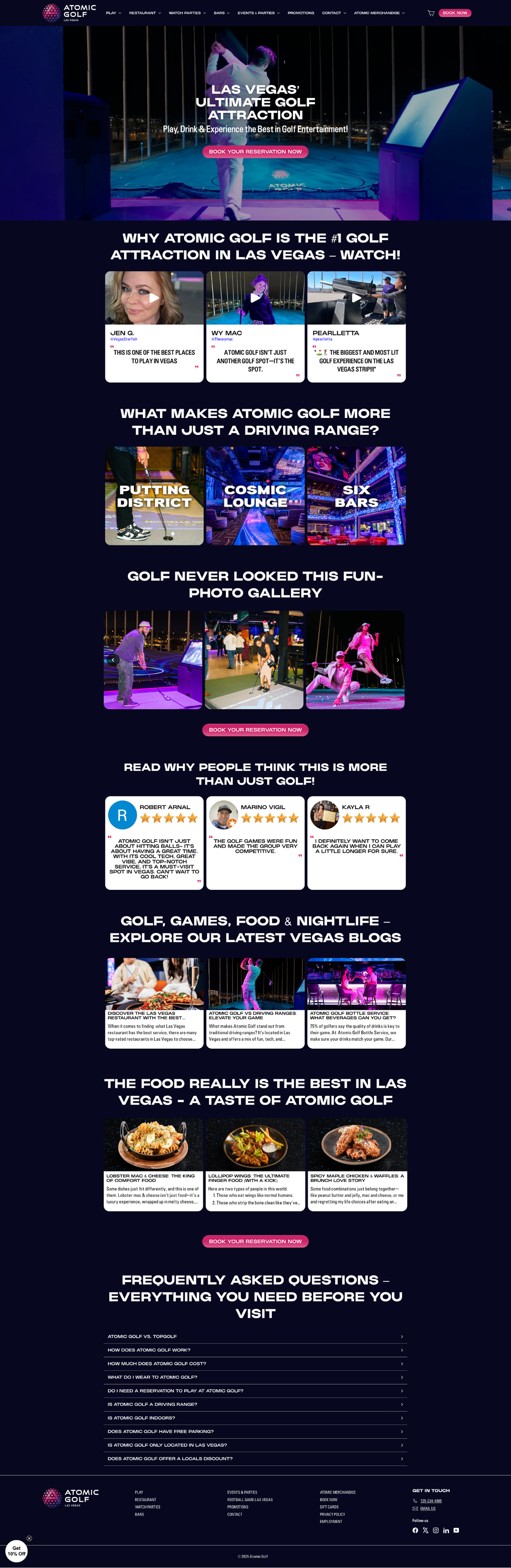 Atomic Golf brand homepage, desktop — pre-redesign landing destination for paid traffic.