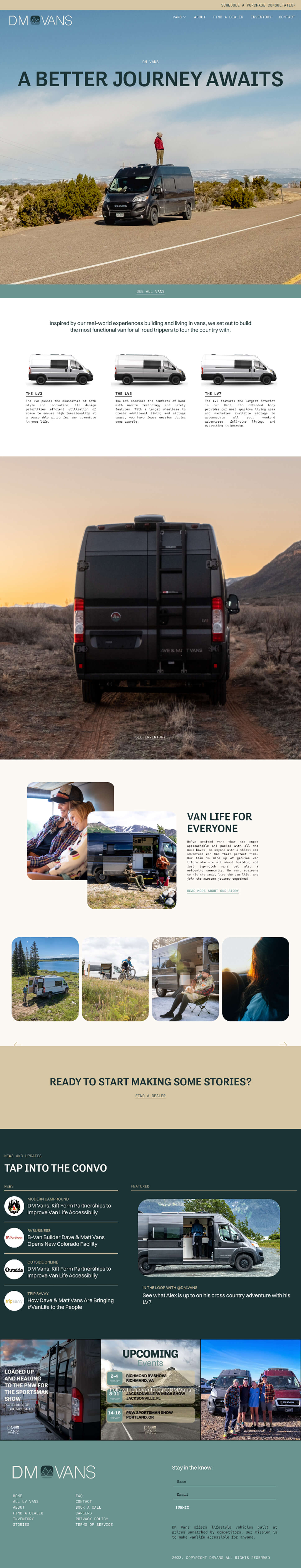 DM Vans homepage before the redesign — long, fragmented, no guided path.